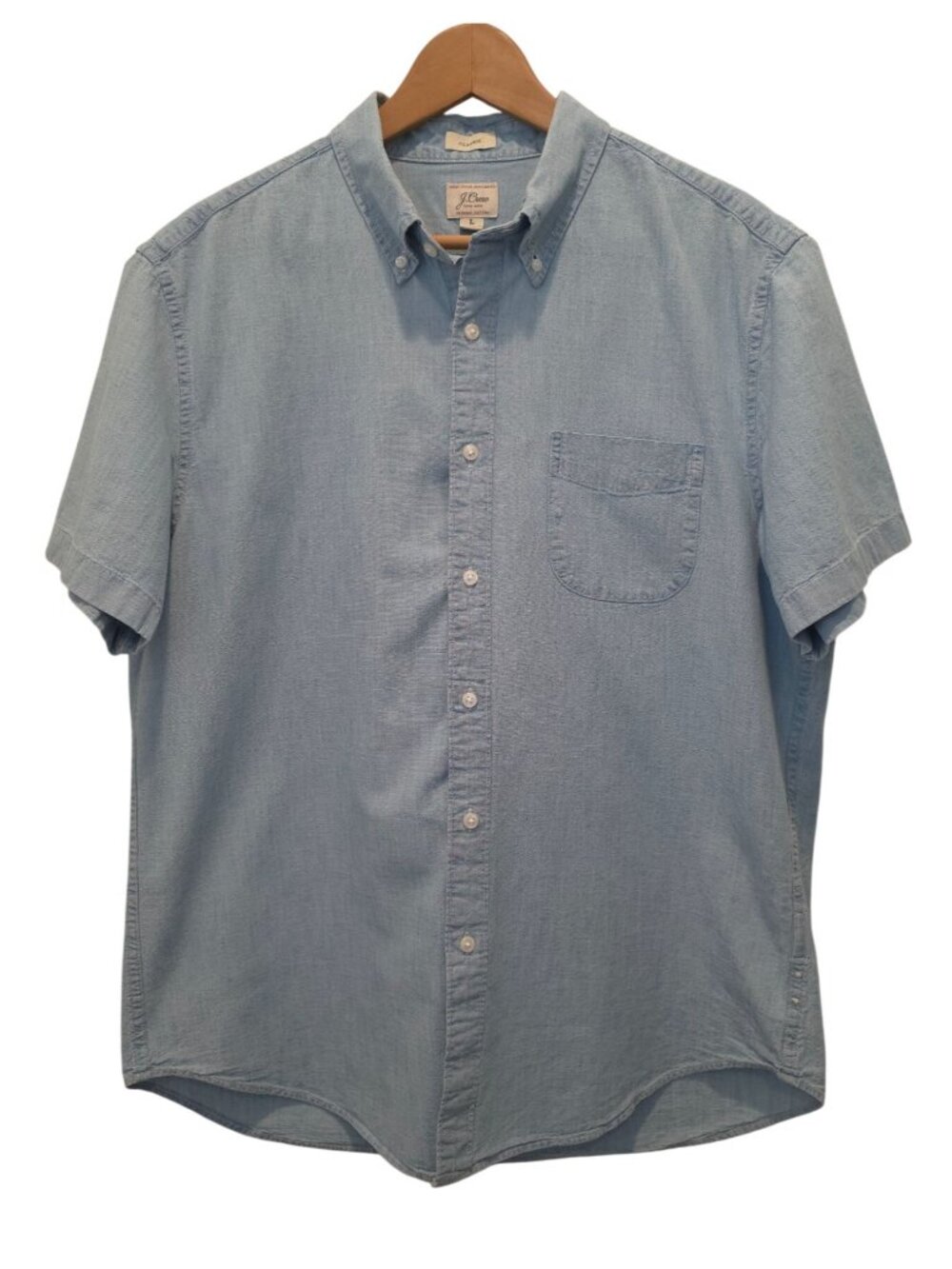J.Crew Short-Sleeve Indigo Blue Organic Cotton Chambray Button-Down Shirt Sz L